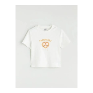 LCW Kids Ekru Bisiklet Yaka Frankfurt Baskılı Kız Çocuk Crop Tişört