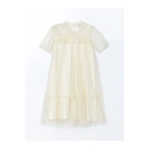 LCW Kids Ekru Bisiklet Yaka Işıltılı Kız Çocuk Elbise