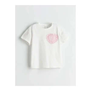 LCW Kids Ekru Bisiklet Yaka Kalpli Çizgili Kız Çocuk Tişört