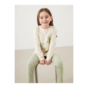 LCW Kids Ekru Bisiklet Yaka Kelebekli Kız Çocuk Tişört ve Tayt 2li