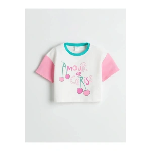 LCW Kids Ekru Bisiklet Yaka Kiraz Baskılı Kız Çocuk Tişört