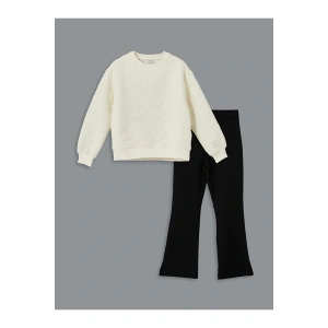 LCW Kids Ekru Bisiklet Yaka Kız Çocuk Sweatshirt ve Tayt