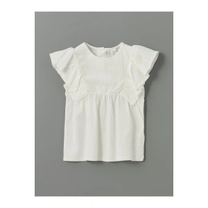 LCW Kids Ekru Bisiklet Yaka Nakışlı Kız Çocuk Tişört