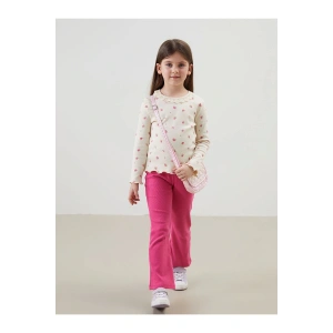 LCW Kids Ekru Çiçekli Dantelli Kız Çocuk Tişört ve Tayt 2li