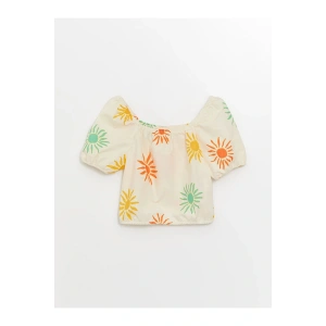 LCW Kids Ekru Kare Yaka Baskılı Kız Çocuk Bluz