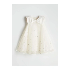 LCW Kids Ekru Kurdele Detaylı Kız Çocuk Dantel Elbise