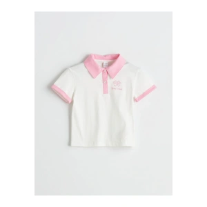 LCW Kids Ekru Polo Yaka Nakışlı Penye Kız Çocuk Tişört