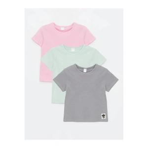 LCW Kids Gri Bisiklet Yaka Basic Kız Bebek Tişört 3lü