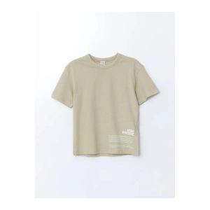 LCW Kids Haki Bisiklet Yaka Yazı Baskılı Erkek Çocuk Tişört