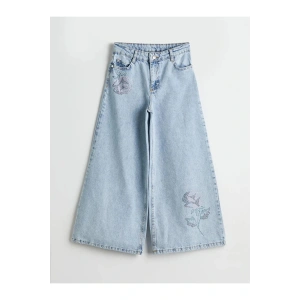 LCW Kids Indigo Wideleg Taşlı Kız Çocuk Jean Pantolon