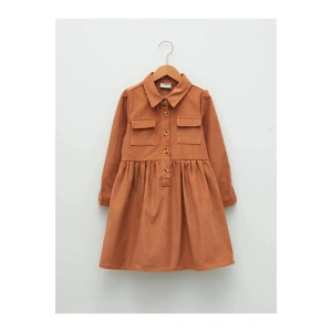 LCW Kids Kahverengi Gömlek Yaka Basic Uzun Kollu Kadife Kız Çocuk Elbise