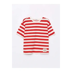 LCW Kids Kırmızı Bisiklet Yaka Çizgili Kısa Kollu Kız Çocuk Tişört