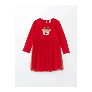 LCW Kids Kırmızı Bisiklet Yaka Yılbaşı Temalı Kız Çocuk Elbise