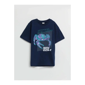 LCW Kids Lacivert Bisiklet Yaka Baskılı Kısa Kollu Pamuklu Erkek Çocuk Tişört