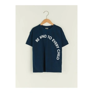 LCW Kids Lacivert Bisiklet Yaka Slogan Yazı Baskılı Kısa Kollu Pamuklu Erkek Çocuk Tişört