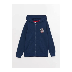 LCW Kids Lacivert Kapüşonlu Nakışlı Uzun Kollu Erkek Çocuk Fermuarlı Sweatshirt