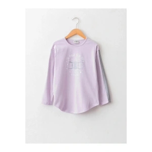 LCW Kids Lila Bisiklet Yaka Baskılı Uzun Kollu Pamuklu Kız Çocuk Tişört