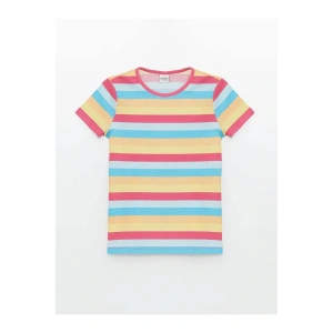 LCW Kids Mavi Bisiklet Yaka Çizgili Kısa Kollu Kız Çocuk Tişört