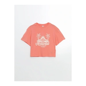 LCW Kids Mercan Bisiklet Yaka Palmiye Baskılı Kız Çocuk Tişört