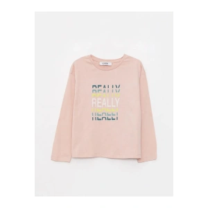 LCW Kids Pembe Bisiklet Yaka Baskılı Uzun Kollu Pamuklu Kız Çocuk Tişört