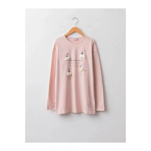 LCW Kids Pembe Bisiklet Yaka Baskılı Uzun Kollu Pamuklu Kız Çocuk Tişört