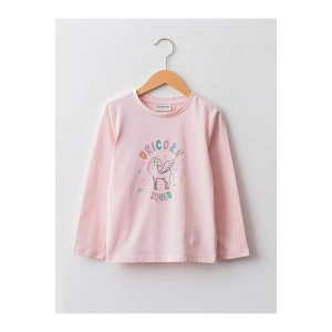 LCW Kids Pembe Bisiklet Yaka Baskılı Uzun Kollu Pamuklu Kız Çocuk Tişört