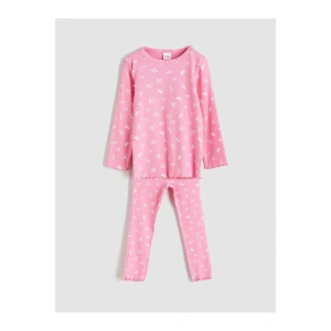 LCW Kids Pembe Bisiklet Yaka Fiyonk Baskılı Kız Çocuk Pijama Takımı