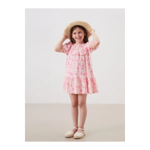 LCW Kids Pembe Çiçekli Krinkle Fırfırlı Kız Çocuk Elbise