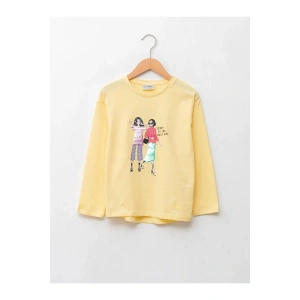 LCW Kids Sarı Bisiklet Yaka Baskılı Çift Yönlü Payetli Uzun Kollu Kız Çocuk Tişört