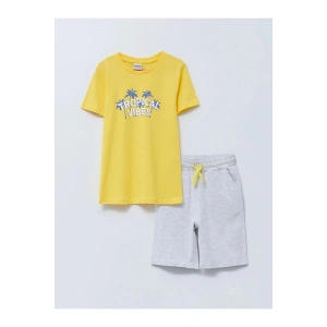 LCW Kids Sarı Bisiklet Yaka Baskılı Kısa Kollu Erkek Çocuk Tişört ve Şort