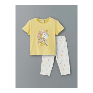LCW Kids SARI Bisiklet Yaka Baskılı Kız Çocuk Tişört ve Tayt 2li
