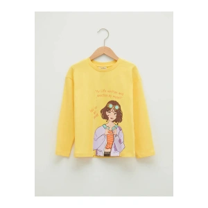 LCW Kids Sarı Bisiklet Yaka Baskılı Uzun Kollu Pamuklu Kız Çocuk Tişört