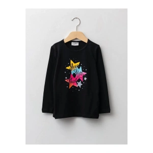 LCW Kids Siyah Bisiklet Yaka Baskılı Uzun Kollu Kız Çocuk Tişört