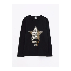 LCW Kids Siyah Bisiklet Yaka Baskılı Uzun Kollu Kız Çocuk Tişört