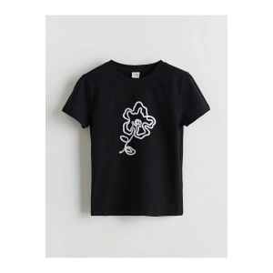 LCW Kids Siyah Bisiklet Yaka Çiçekli Kız Çocuk Tişört