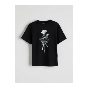 LCW Kids Siyah Bisiklet Yaka Çiçekli Kız Çocuk Tişört