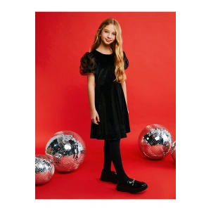 LCW Kids Siyah Bisiklet Yaka Kadife Kız Çocuk Elbise