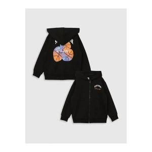 LCW Kids Siyah Kapüşonlu Baskılı Uzun Kollu Erkek Çocuk Fermuarlı Sweatshirt