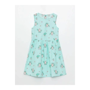LCW Kids Turkuaz Bisiklet Yaka Desenli Kız Çocuk Elbise