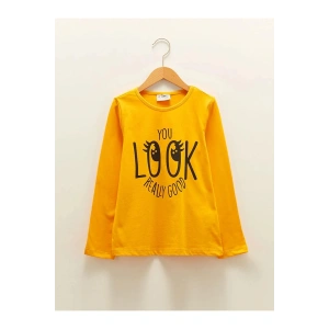 LCW Kids Turuncu Bisiklet Yaka Baskılı Uzun Kollu Pamuklu Kız Çocuk Tişört
