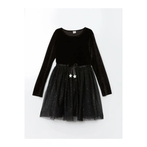 LCW Kids Yeni Siyah Bisiklet Yaka Kadife Kız Çocuk Elbise