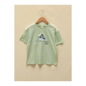 LCW Kids Yeşil Bisiklet Yaka Baskılı Kısa Kollu Kız Çocuk Tişört