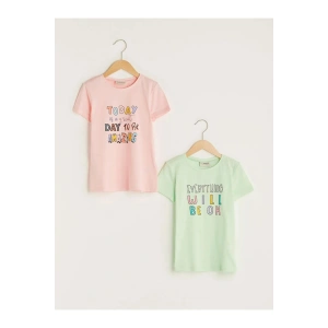 LCW Kids Yeşil Bisiklet Yaka Baskılı Kısa Kollu Pamuklu Kız Çocuk Tişört 2li