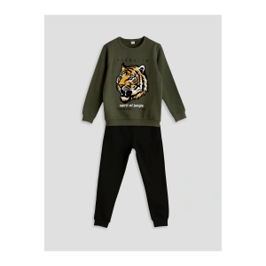 LCW Kids Yeşil Bisiklet Yaka Kaplan Baskılı Erkek Çocuk Eşofman Takımı