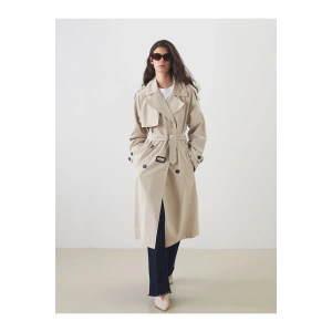 LCW Modest Bej Kruvaze Yaka Oversize Kadın Trençkot