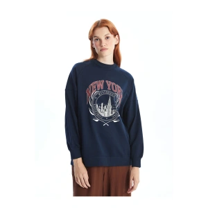 LCW Modest Lacivert Bisiklet Yaka Baskılı Oversize Kadın Sweatshirt Tunik