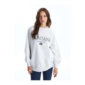 LCW Vision Gri Bisiklet Yaka Baskılı Oversize Kadın Kalın Sweatshirt