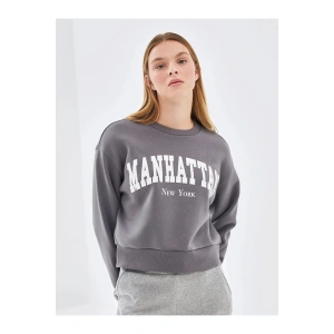 LCW Vision Gri Bisiklet Yaka Baskılı Oversize Kadın Kalın Sweatshirt İMREX GLOBAL