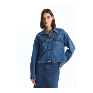 LCW Vision İndigo Düz Uzun Kollu Crop Kadın Jean Gömlek Ceket