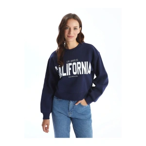 LCW Vision Lacivert Bisiklet Yaka Baskılı Oversize Kadın Sweatshirt